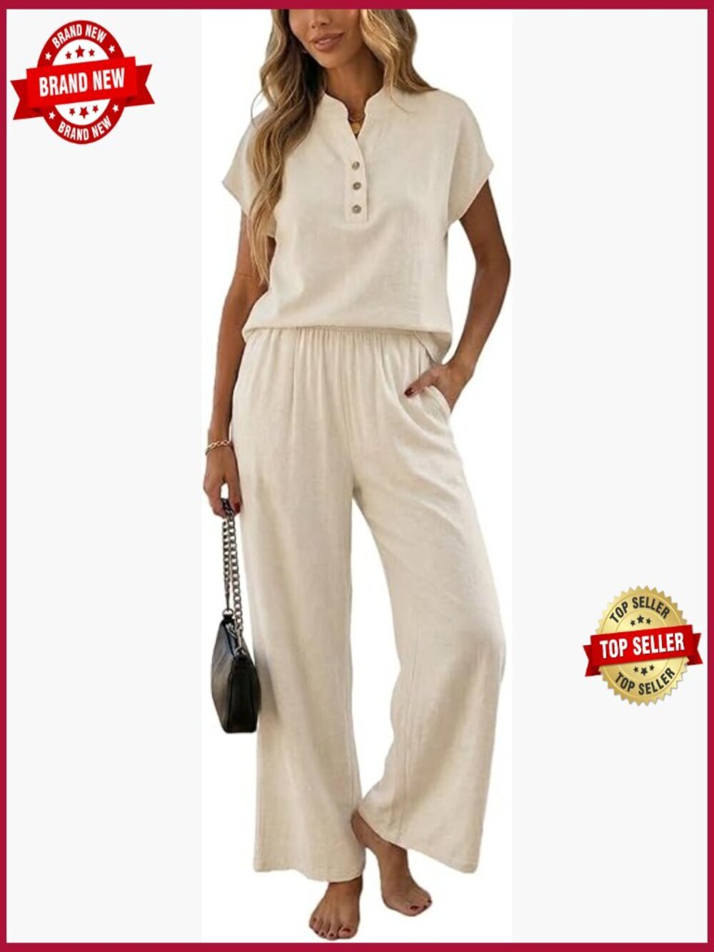 Women's 2 Piece Linen Outfit Set Short Sleeve Button Top Wide Leg Pants Summer